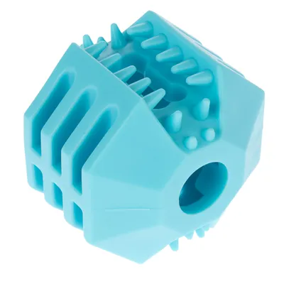 Giocattolo blu in plastica con nodi e aperture, adatto per gioco interattivo o da riempire con snack.