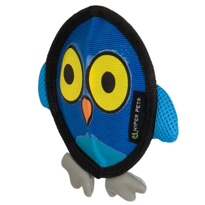 Hyper Pet toy shaped like a blue owl with yellow eyes, black border and grey feet. Suitable for interactive play.