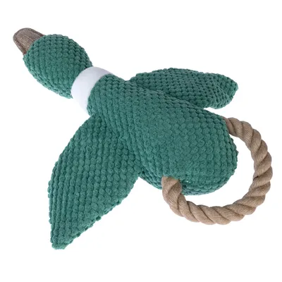 Jouet pour chien en forme d’oiseau, tissu texturé vert avec ailes et queue en corde tressée beige, sans marque visible.