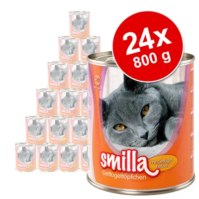 Smilla konzervirana hrana za mačke, Geflügeltöpfchen mit Geflügelherzen, 24x800 g, narančasta ambalaža s fotografijom sive mačke i oznakom 'mit Taurin'.