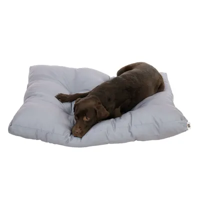 Coussin pour chien en tissu gris clair avec un grand chien marron allongé dessus, étiquette visible sur le côté du coussin.