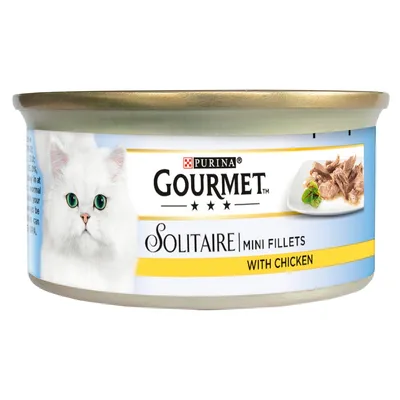 Gourmet Solitaire Mini Fillets with Chicken, showing product name and image of fillets on a plate.