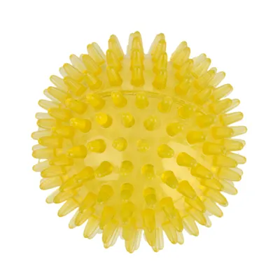 Gelber Noppenball aus Kunststoff mit spitzen Erhebungen, geeignet für Spiel- und Massagezwecke.