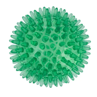 Grüner Noppenball aus Kunststoff mit spitzen Erhebungen, geeignet für Spiel- und Aktivitätszwecke.