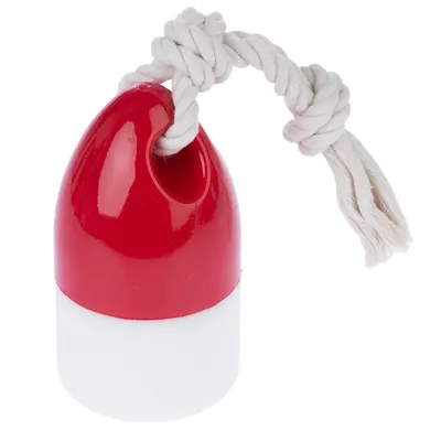 Jouet pour animal en plastique rouge et blanc, forme cylindrique avec corde épaisse blanche nouée passant dans un trou sur le dessus. Aucun texte ou marque visible.