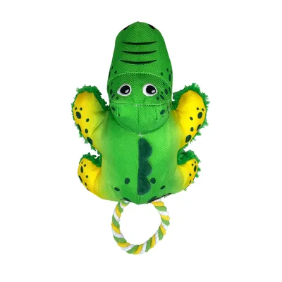 Green crocodile toy with yellow accents and a rope ring at the bottom, suitable for pets.