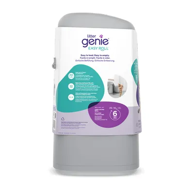 Litter Genie Easy Roll, einfache Befüllung und Entleerung, hält Gerüche bis zu 14 Tage fern, enthält langlebige Nachfüllkassette für bis zu 6 Monate. Bild zeigt Katze neben Katzentoilette.