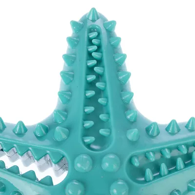 Tyrkysová hračka so špicatými výstupkami a funkciou starostlivosti o zuby, vhodná na žuvanie a čistenie.