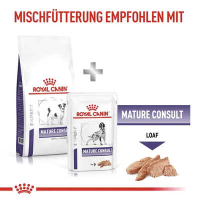 Royal Canin Expert Mature Consult для маленьких собак. Рекомендуется смешанное кормление с сухим кормом и влажным кормом в форме паштета.