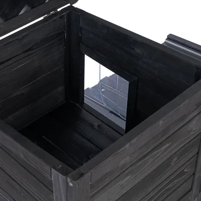 Schwarzes Holzgehäuse mit transparentem Fenster und aufklappbarem Deckel, geeignet für Innen- oder Aussenbereich.