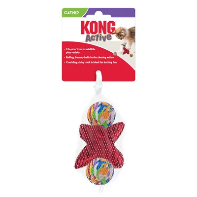 KONG Active Catnip, lot de 2 balles multicolores et 1 jouet rouge en forme d’étoile pour chat, emballés dans un filet. Texte anglais visible sur l’emballage.