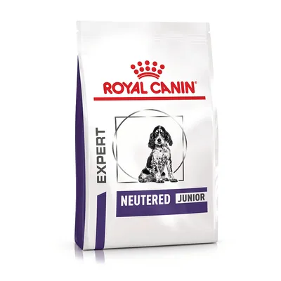Royal Canin Expert Neutered Junior. Verpakking met afbeelding van een jonge hond.