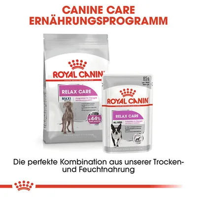 Royal Canin Relax Care croquettes Maxi et sachet 85g All Sizes, texte visible : Adaptation to Changes, +44% canine relaxation. Texte en allemand non traduit.