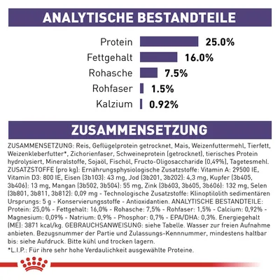 Analytische Bestandteile: Protein 25%, Fettgehalt 16%, Rohasche 7,5%, Rohfaser 1,5%, Kalzium 0,92%. Zusammensetzung: Reis, Geflügelprotein, Schweineprotein, Mineralstoffe, Fischöl, Vitamine.