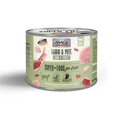 Консерва MAC's Lamm & Pute за котки, агнешко и пуешко. Надписи: SUPER FOOD for Cats, GRAINFREE, HIGH MEAT CONTENT, Made in Germany, ADULT. Изображения на месо и котка.