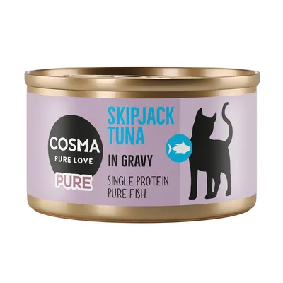 Cosma Pure Love Skipjack Tuna in Gravy, Single Protein in Pure Fish. Katzen-Silhouette auf lila Hintergrund.