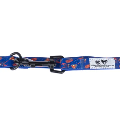 Blauwe hondenhalsband met Superman-motieven, zwarte metalen sluiting en DC-logo op wit label.