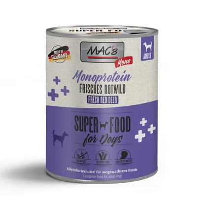 MAC's Monoprotein carne fresca de veado. Superalimento para cães, sem cereais, adequado para alérgicos, elevado teor de carne. Fabricado na Alemanha. Alimento completo para cães adultos.