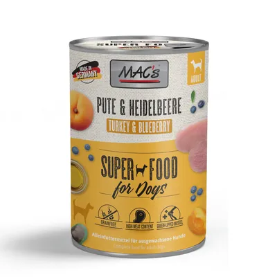 MAC's Super Food for Dogs, morčacie a čučoriedka, vyrobené v Nemecku, bez obilnín, vysoký podiel mäsa, zelená mušľa. Kompletné krmivo pre dospelé psy.