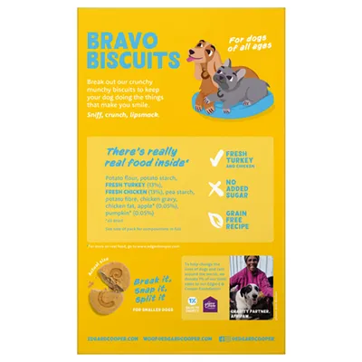 BRAVO BISCUITS hondenkoekjes, ingrediënten: aardappelmeel, verse kalkoen 13%, verse kip 13%, geen toegevoegde suiker, graanvrij. Voor honden van alle leeftijden. Edgard & Cooper.