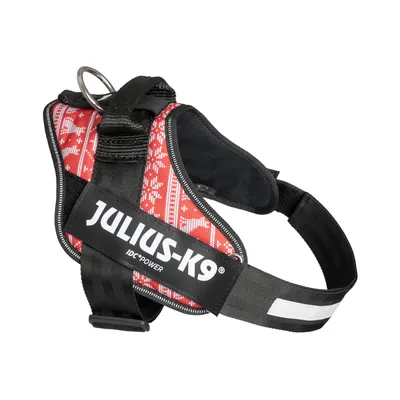 Julius-K9 IDC Power hundsele med rött mönster, svart rem och metallring för koppel.