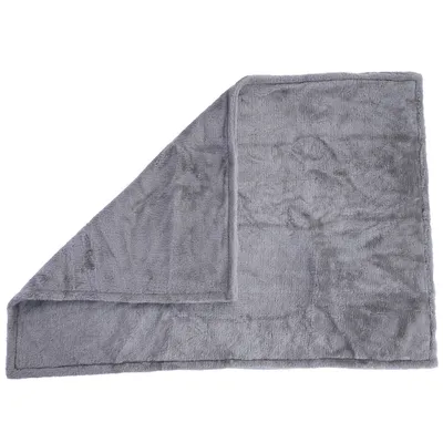 Grey, rectangular blanket made of soft fabric with a slight sheen. One corner is folded over to show the reverse side.