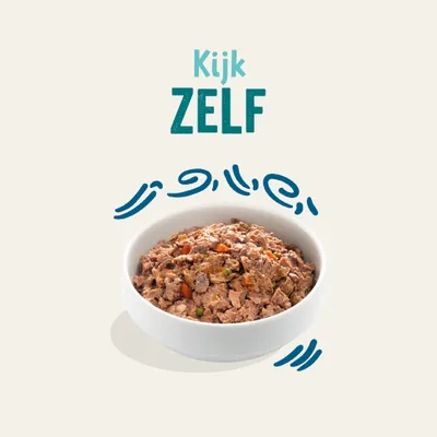 Witte kom met natvoer en zichtbare stukjes groente. Tekst in beeld: Kijk ZELF.