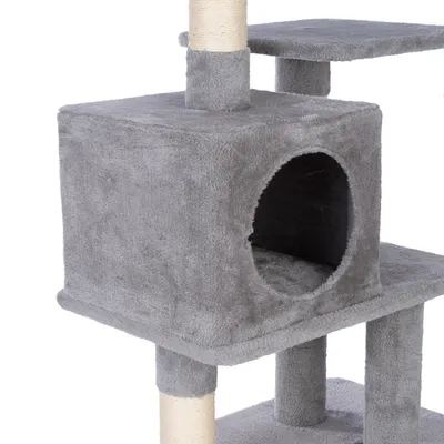 Árbol rascador gris con cueva, postes de sisal y plataformas. Ideal para que los gatos trepen y se escondan.