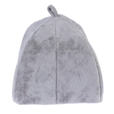 Grey, triangular pet bed made of soft fabric with a loop on top.