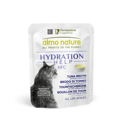 Almo Nature Hydration Help HFC supă de ton cu 25% file de ton. Ingrediente inițial potrivite pentru consum uman, acum hrană pentru pisici. Pentru toate etapele vieții.