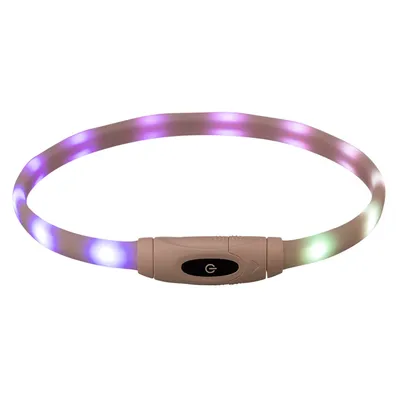 Collier lumineux en plastique avec LED multicolores et bouton marche/arrêt visible au centre.