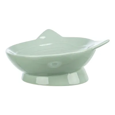 Bol ceramic verde cu picior înălțat și margine ușor curbată, potrivit pentru hrană sau apă.