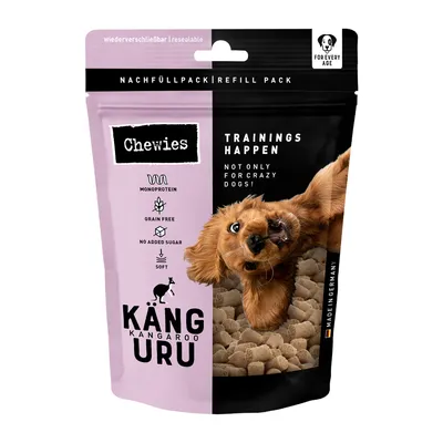 Chewies Trainingshappen Känguru, Monoprotein, getreidefrei, ohne Zuckerzusatz, weich. Nachfüllpack, wiederverschliessbar. Made in Germany.