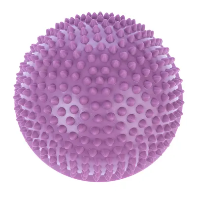 Palla a pois lilla in plastica, rotonda con rilievi appuntiti distribuiti uniformemente per gioco o massaggio.