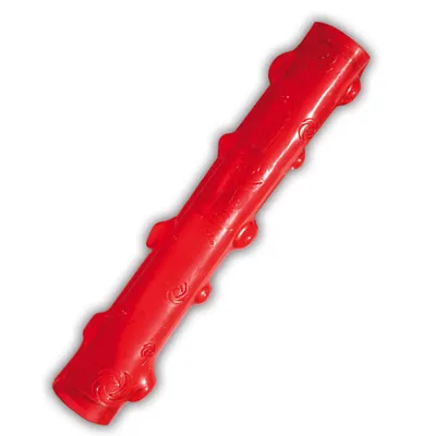 Rotes Kunststoffspielzeug in Stabform mit erhabenen Mustern und Noppen.