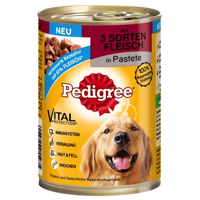 Pedigree Vital Protection dog food tin, German text: mit 3 Sorten Fleisch in Pastete, verbesserte Rezeptur mit 51% Fleisch, 100% ausgewogene Ernährung, Immunssystem, Verdauung, Haut & Fell, Knochen