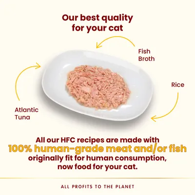 Plate showing Atlantic tuna, fish broth and rice. Text states HFC recipes use 100% human-grade meat or fish, originally fit for human consumption, now food for your cat.