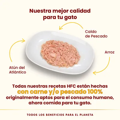Atún del Atlántico, caldo de pescado y arroz en plato. Texto: recetas HFC hechas con carne y/o pescado 100% aptos para consumo humano, ahora comida para tu gato.