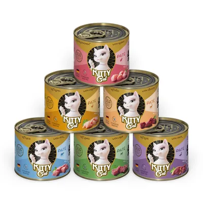 Kitty Cat Pâté en latas, variedades: pollo, conejo, caza, ternera, cordero. Sin cereales, fabricado en Alemania, con sello Dua Meat.