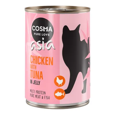 Cosma Asia Chicken with Tuna in Jelly -kissanruokapurkki, tekstit: multi protein, pure meat & fish, musta kissasiluetti vaaleanpunaisella taustalla, kana- ja kalasymbolit