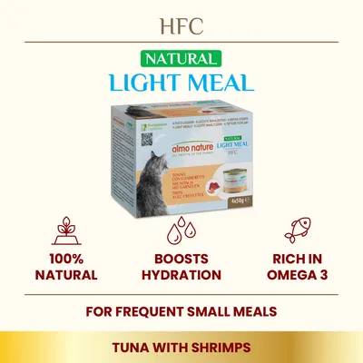 Almo Nature HFC Natural Light Meal, tuna with shrimps. 100% natural, boosts hydration, rich in omega 3. Suitable for frequent small meals. 4x50g pack shown.