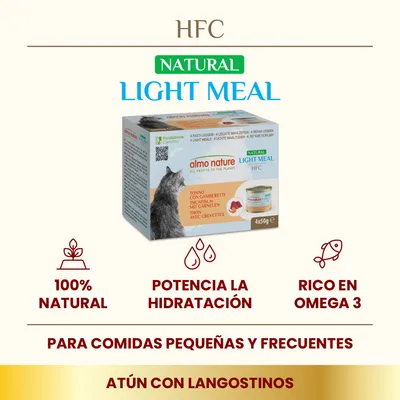 almo nature HFC Natural Light Meal, atún con langostinos, 4x50g. 100% natural, potencia la hidratación, rico en omega 3. Para comidas pequeñas y frecuentes.