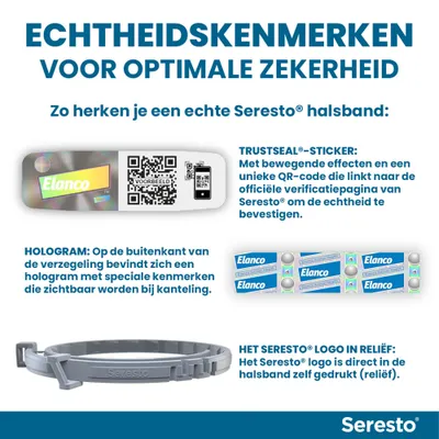 Echtheidskenmerken voor Seresto halsband: Trustseal-sticker met QR-code, hologram op de verzegeling, Seresto-logo als reliëf op de halsband.