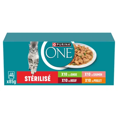 Purina ONE Sterilisé macskaeledel, 40 x 85g. Fajták: 10x pulyka, 10x lazac, 10x marha, 10x csirke.