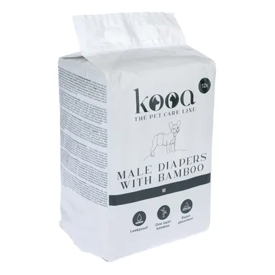Paquet de 12 couches mâles avec bambou kooa, taille M. Texte visible : Leakproof, One layer bamboo, Super absorbent. Illustration d’un chien sur l’emballage.