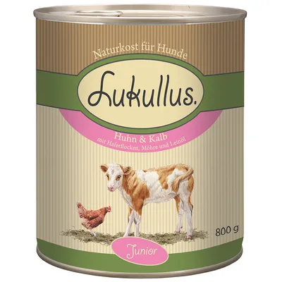 Konzerva Lukullus Naturkost für Hunde, Huhn & Kalb, Junior, 800 g. Text: mit Haferflocken, Möhre und Leinöl. Zobrazené kura a teľa na etikete.