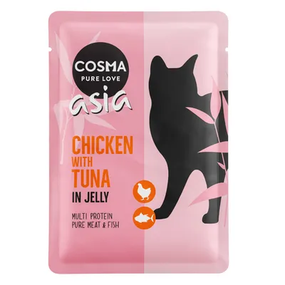 Cosma Asia Chicken with Tuna i gelé. Multi Protein, rent kött och fisk. Förpackning med kattens siluett och ikoner för kyckling och fisk.
