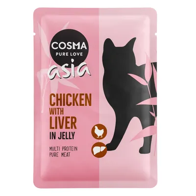 Cosma Asia. Kyckling med lever i gelé. Multiprotein, rent kött. Förpackning med siluett av en katt och ikoner för kyckling och lever.