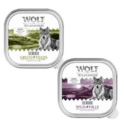 Wolf of Wilderness Senior влажный корм: Green Fields с ягненком и Wild Hills с телятиной, 100% без зерна, 300 г.