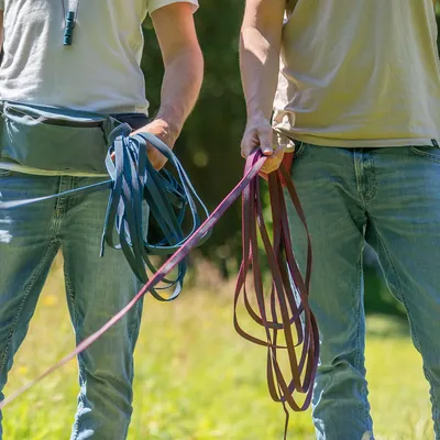 Deux personnes en jeans tenant plusieurs laisses pour chien, une bleue et une rouge, à l’extérieur. Sac banane visible sur l’une des personnes.